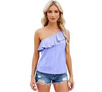Women's One Shoulder Ruffle Top Summer Eyelet Sleeveless Blouse Casual Solid Color Asymmetrical Neckline Shirt for Beach Vacation Party Date