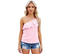 Women's One Shoulder Ruffle Top Summer Eyelet Sleeveless Blouse Casual Solid Color Asymmetrical Neckline Shirt for Beach Vacation Party Date