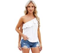 Women's One Shoulder Ruffle Top Summer Eyelet Sleeveless Blouse Casual Solid Color Asymmetrical Neckline Shirt for Beach Vacation Party Date