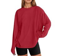 Womens Oversized Long Sleeve T Shirt Casual Round Neck Basic Top Relaxed Fit Loose Blouse Soft Everyday Autumn Street Layering Fashion Wear, 16-Red, M