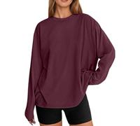 Womens Oversized Long Sleeve T Shirt Casual Round Neck Basic Top Relaxed Fit Loose Blouse Soft Everyday Autumn Street Layering Fashion Wear, 22-Wine, XXL