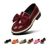 Women's Patent Leather Bow Chunky Heel Loafers,Round Toe Platform Slip On Shoes with Anti-Slip Sole,Comfortable Low Block Heel Flats for Everyday Business Office Work (Red,36)