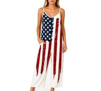 Women's Patriotic Flag Print Wide Leg Jumpsuit Sleeveless V Neck Spaghetti Strap Romper with Pockets Casual Summer Beach Vacation Lime Green
