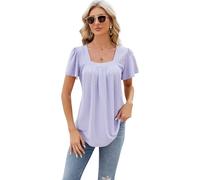 Women's Pink Square Neck Eyelet Top Short Puff Sleeve Pleated Tunic Blouse Casual Summer Vacation Tee Shirt with High Low Hem for Daily Wear
