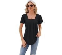 Women's Pink Square Neck Eyelet Top Short Puff Sleeve Pleated Tunic Blouse Casual Summer Vacation Tee Shirt with High Low Hem for Daily Wear