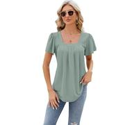 Women's Pink Square Neck Eyelet Top Short Puff Sleeve Pleated Tunic Blouse Casual Summer Vacation Tee Shirt with High Low Hem for Daily Wear