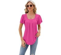Women's Pink Square Neck Eyelet Top Short Puff Sleeve Pleated Tunic Blouse Casual Summer Vacation Tee Shirt with High Low Hem for Daily Wear