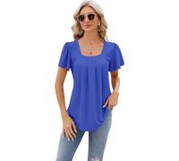 Women's Pink Square Neck Eyelet Top Short Puff Sleeve Pleated Tunic Blouse Casual Summer Vacation Tee Shirt with High Low Hem for Daily Wear