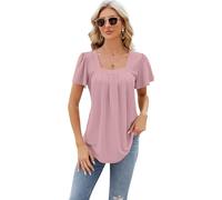 Women's Pink Square Neck Eyelet Top Short Puff Sleeve Pleated Tunic Blouse Casual Summer Vacation Tee Shirt with High Low Hem for Daily Wear