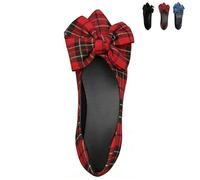 Women's Plaid Bow Ballet Flat Shoes - Non-Slip Rubber Sole Slip-On Loafers, Cute & Comfortable Casual Flats for Everyday Wear (Red,39)