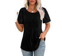 Women's Pleated Short Sleeve T-Shirt Round Neck Loose Fit Casual Top Solid Color Summer Blouse with Curved Hem for Daily Wear Vacation Beach Party