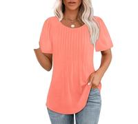 Women's Pleated Short Sleeve T-Shirt Round Neck Loose Fit Casual Top Solid Color Summer Blouse with Curved Hem for Daily Wear Vacation Beach Party