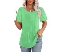 Women's Pleated Short Sleeve T-Shirt Round Neck Loose Fit Casual Top Solid Color Summer Blouse with Curved Hem for Daily Wear Vacation Beach Party