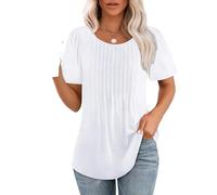 Women's Pleated Short Sleeve T-Shirt Round Neck Loose Fit Casual Top Solid Color Summer Blouse with Curved Hem for Daily Wear Vacation Beach Party