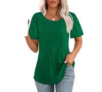 Women's Pleated Short Sleeve T-Shirt Round Neck Loose Fit Casual Top Solid Color Summer Blouse with Curved Hem for Daily Wear Vacation Beach Party