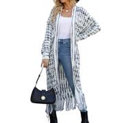 Womens Plus Size Casual Long Cardigan Open Front Knit Sweater with Fringe | Textured Multicolor Surface Full Sleeve Coverage Ribbed Cuffs Flowing Drape Tassel Hem Easy Layering For Casual Daily Outfits