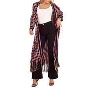 Womens Plus Size Casual Long Cardigan Open Front Knit Sweater with Fringe | Textured Multicolor Surface Full Sleeve Coverage Ribbed Cuffs Flowing Drape Tassel Hem Easy Layering For Casual Daily Outfits