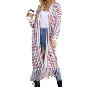 Womens Plus Size Casual Long Cardigan Open Front Knit Sweater with Fringe | Textured Multicolor Surface Full Sleeve Coverage Ribbed Cuffs Flowing Drape Tassel Hem Easy Layering For Casual Daily Outfits