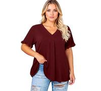 Women's Plus Size Casual Solid Short Sleeve Ruffle Sleeve Flutter Sleeve V-Neck Top Loose Fit Tunic Blouse for Summer Spring Daily Wear Black