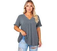 Women's Plus Size Casual Solid Short Sleeve Ruffle Sleeve Flutter Sleeve V-Neck Top Loose Fit Tunic Blouse for Summer Spring Daily Wear Black
