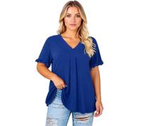 Women's Plus Size Casual Solid Short Sleeve Ruffle Sleeve Flutter Sleeve V-Neck Top Loose Fit Tunic Blouse for Summer Spring Daily Wear Black