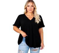 Women's Plus Size Casual Solid Short Sleeve Ruffle Sleeve Flutter Sleeve V-Neck Top Loose Fit Tunic Blouse for Summer Spring Daily Wear Black