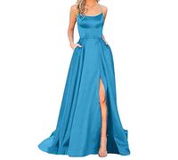 Womens Prom Dresses Causal Satin Spaghetti Strap Split Wedding Formal Evening Maxi Dress with Pockets Women 2026 Fashion Elegant Ladies Pleated Swing Dresses Evening Beach Dress S-XXXL