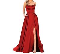Womens Prom Dresses Causal Spaghetti Strap High Split Bridesmaid Wedding Dress Fashion Elegant Pleated Swing Dresses Evening Beach Sundress with Pockets Ladies Long Dresses S-XXXL