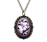 Women's Purple Flower Butterfly Pattern Small Pocket Watch Necklace Pendant Bracelet Girl's Birthday Gift Flower