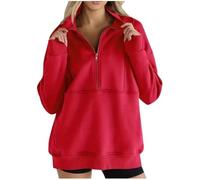 Womens Quarter Zip Pullover Stand Collar Loose Fit Solid Color Sweatshirt (Red,XXL)