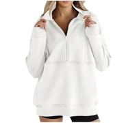 Womens Quarter Zip Pullover Stand Collar Loose Fit Solid Color Sweatshirt (White,S)