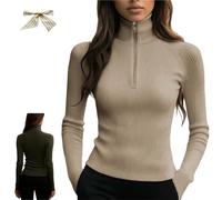 Women's Quarter Zips Sweater Ribbed Turtleneck Thermal Base Layer,Casual Long Sleeve Zip Knit Top (IT, Testo, XXL, Regular, Regular, Apricot)
