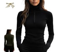 Women's Quarter Zips Sweater Ribbed Turtleneck Thermal Base Layer,Casual Long Sleeve Zip Knit Top (IT, Testo, XXL, Regular, Regular, Black)