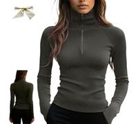 Women's Quarter Zips Sweater Ribbed Turtleneck Thermal Base Layer,Casual Long Sleeve Zip Knit Top (IT, Testo, XL, Regular, Regular, Gray)
