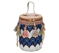 Women's Retro Ethnic Tassel Handbag New Pattern Zipper Shoulder Messenger Bag(Blue)