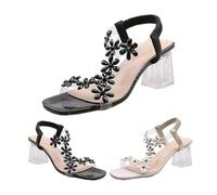 Women's Rhinestone Flower Clear Block Heel Sandals,Elastic Ankle Strap Square Toe Heels,High Heel Open Toe Dress Shoes