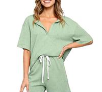 Women's Ribbed Knit Romper Short Sleeve Polo Collar Lounge Set with Drawstring Waist Casual Summer Playsuit Green Loungewear for Vacation Beach