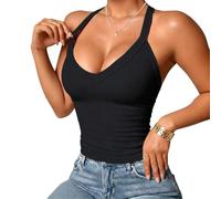 Women's Ribbed Padded Tank Top V Neck Slim Fit Sleeveless Top (Black,L)