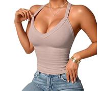 Women's Ribbed Padded Tank Top V Neck Slim Fit Sleeveless Top (Khaki,L)
