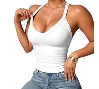 Women's Ribbed Padded Tank Top V Neck Slim Fit Sleeveless Top (White,M)