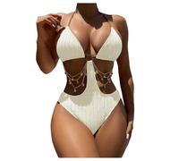 Women's Ring Linked Cut out One Piece Swimsuits Textured Tie Backless Halter Bathing Suit Monokini Khaki Medium(Apricot,S)
