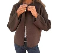 Women's Round Collar Turned Fur Long Sleeve Jacket, 2025 New Casual Open Front Crop Jacket for Women One Button Pea Coat (Brown,XL)