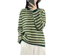 Women's Round Neck Stripe Contrast Knitted Pullover Fashion Thickened Loose Fit Jumpers Lounge Knitwear
