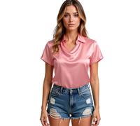 Women's Satin Short Sleeve Blouse Collared Cowl Neck Button Down Shirt Elegant Solid Color Top for Office Business Casual Summer Wear Soft Silky Fabric