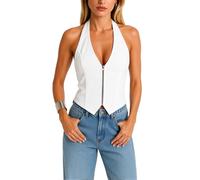 Women's Sexy Halter Top Deep V Neck Sleeveless Zipper Front Tank Tops Slim Fit Backless Summer Casual Party Club Wear Black Outfit