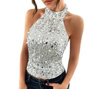 Women's Sexy Sequins Halterneck Short Tank Tops, Sparkle Glitter Sleeveless Turtleneck Party Club Festival Vest Blouse(Silver,XL)
