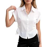 Women's Short Sleeve Button Down Shirt Summer Side Ruched Blouse Casual Work Tops with Adjustable Drawstring Waist Design White Office Wear