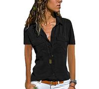 Womens Short Sleeve Button Down Shirt with Pockets V Neck Collared Plain Tops Summer Office Blouse\