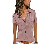 Womens Short Sleeve Button Down Shirt with Pockets V Neck Collared Plain Tops Summer Office Blouse\