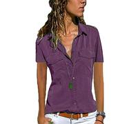 Womens Short Sleeve Button Down Shirt with Pockets V Neck Collared Plain Tops Summer Office Blouse\